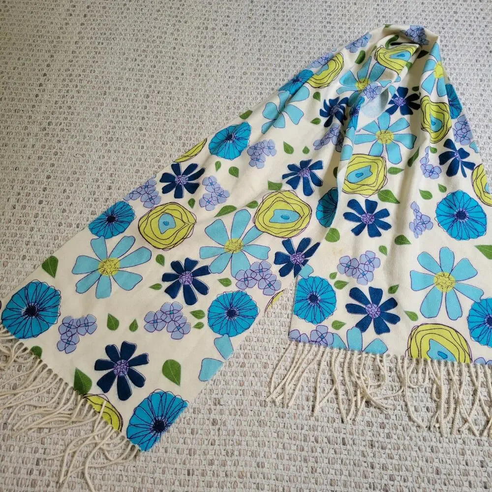 Nordstrom 100% Cashmere Wool Scarf Floral White and Blue Fringed Y2K
